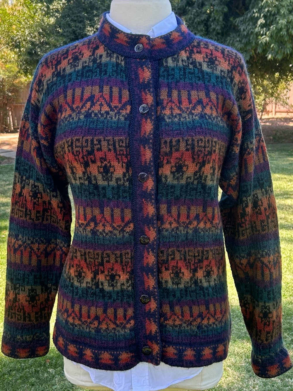 Alpaca Cardigan Sweater, Purple/Orange/Forest, Fair Isles, Size Large